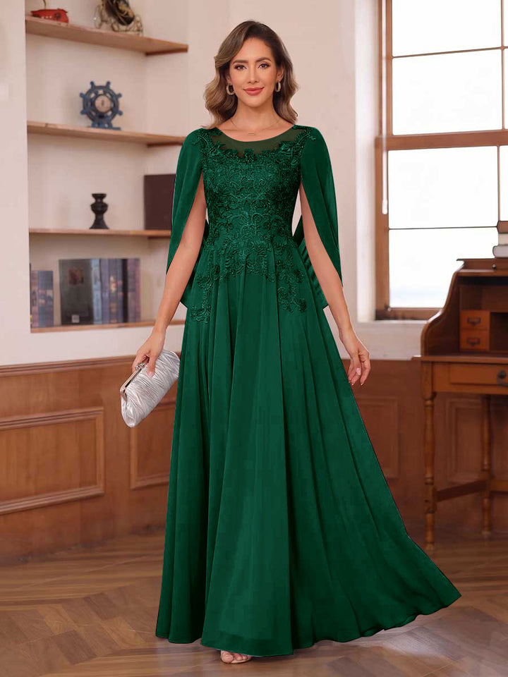 A-Line/Princess Illusion Scoop Chiffon Mother of the Bride Dresses with Appliques &amp; Cape