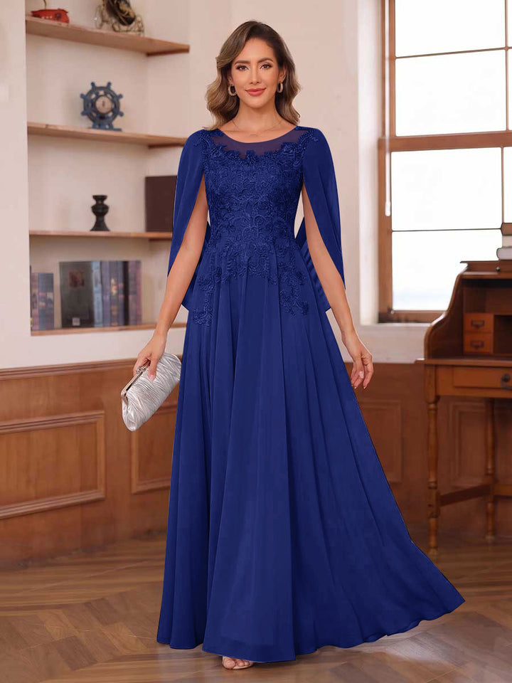 A-Line/Princess Illusion Scoop Chiffon Mother of the Bride Dresses with Appliques &amp; Cape