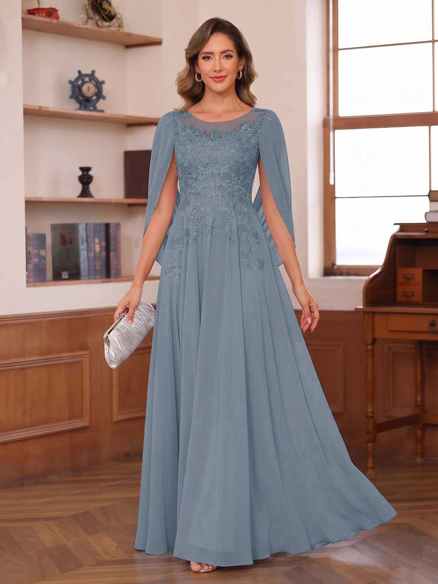 A-Line/Princess Illusion Scoop Chiffon Mother of the Bride Dresses with Appliques &amp; Cape