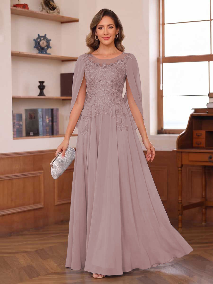 A-Line/Princess Illusion Scoop Chiffon Mother of the Bride Dresses with Appliques &amp; Cape