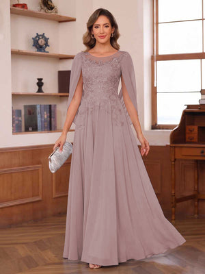 A-Line/Princess Illusion Scoop Chiffon Mother of the Bride Dresses with Appliques & Cape