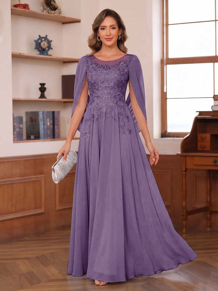 A-Line/Princess Illusion Scoop Chiffon Mother of the Bride Dresses with Appliques &amp; Cape