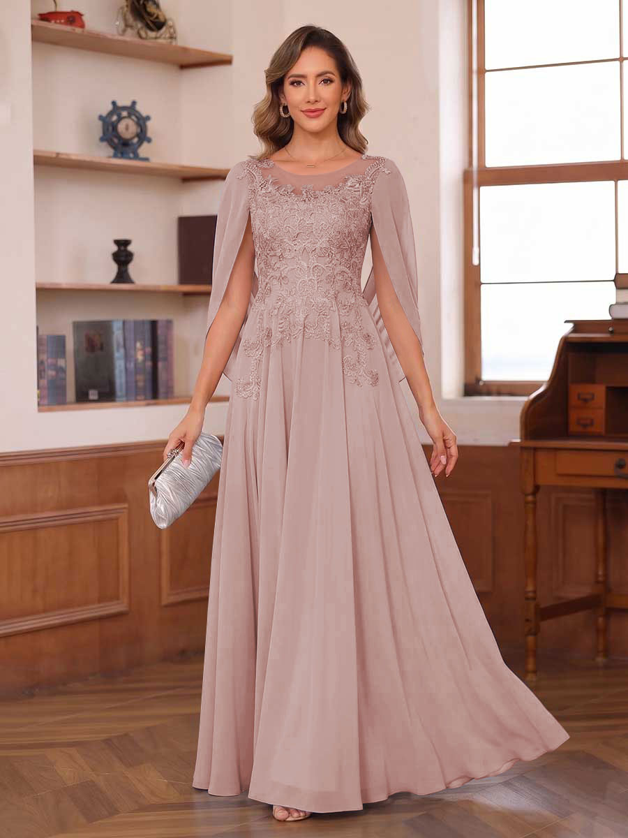 A-Line/Princess Illusion Scoop Chiffon Mother of the Bride Dresses with Appliques &amp; Cape