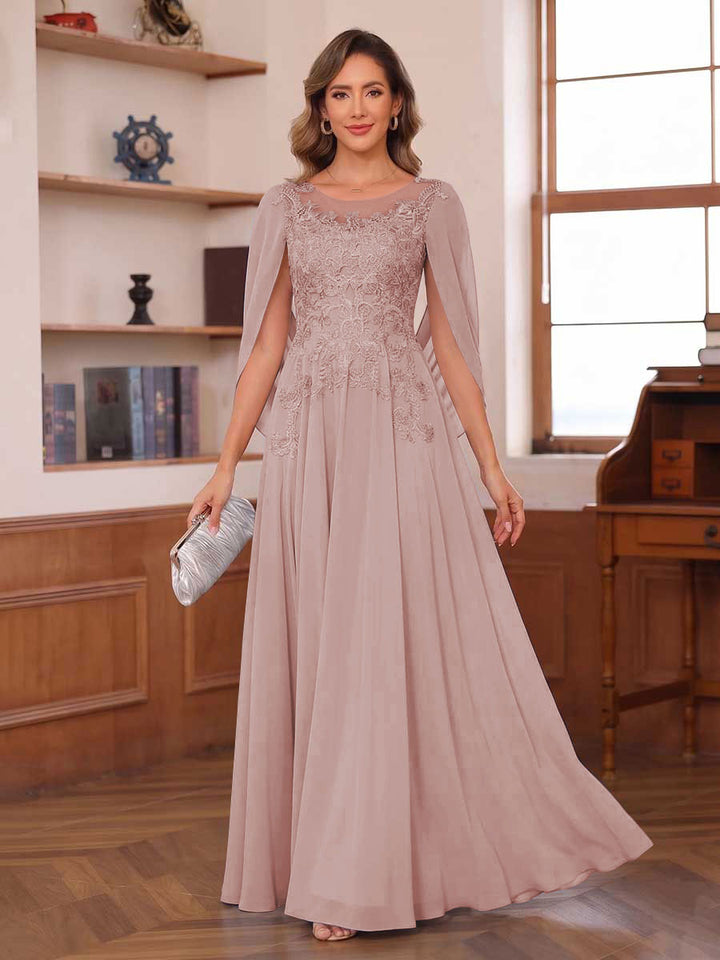 A-Line/Princess Illusion Scoop Chiffon Mother of the Bride Dresses with Appliques &amp; Cape