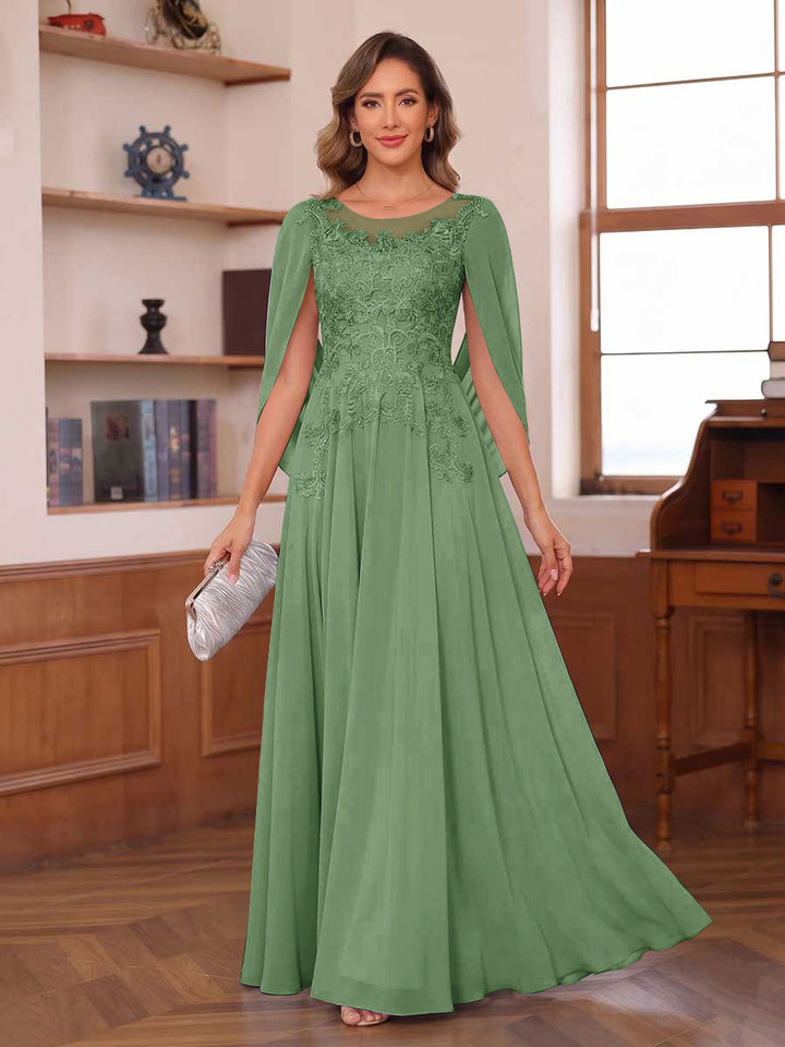 A-Line/Princess Illusion Scoop Chiffon Mother of the Bride Dresses with Appliques &amp; Cape
