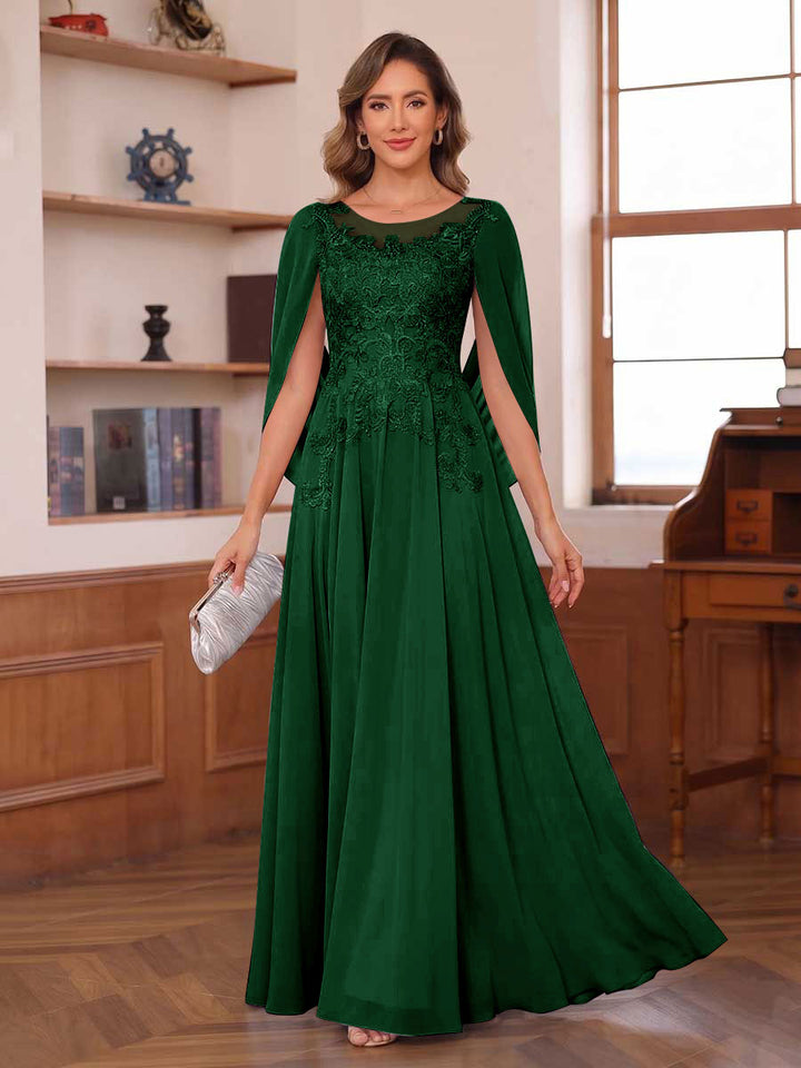 A-Line/Princess Illusion Scoop Chiffon Mother of the Bride Dresses with Appliques &amp; Cape