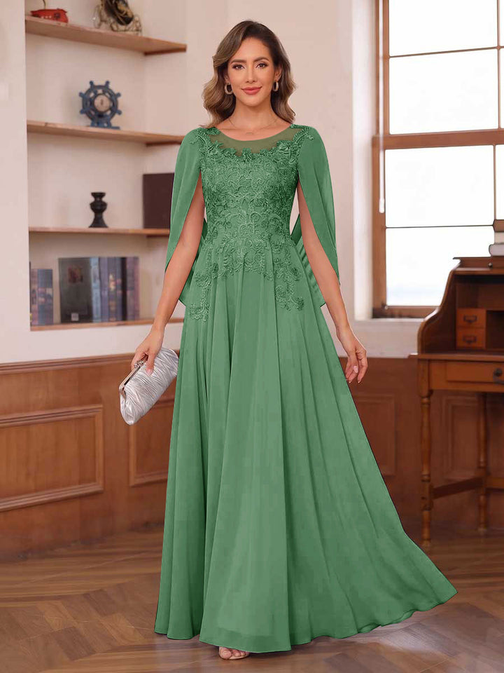A-Line/Princess Illusion Scoop Chiffon Mother of the Bride Dresses with Appliques &amp; Cape