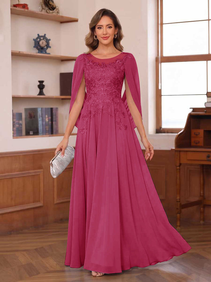 A-Line/Princess Illusion Scoop Chiffon Mother of the Bride Dresses with Appliques &amp; Cape