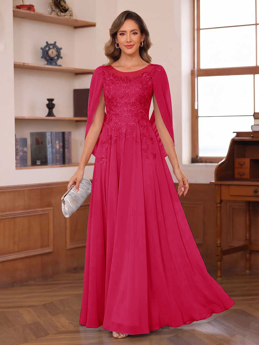 A-Line/Princess Illusion Scoop Chiffon Mother of the Bride Dresses with Appliques &amp; Cape