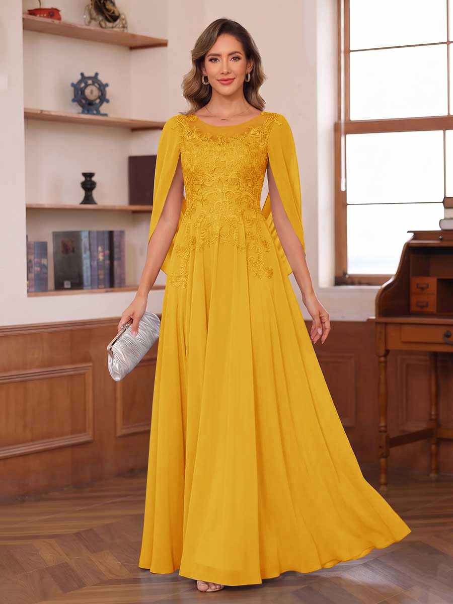 A-Line/Princess Illusion Scoop Chiffon Mother of the Bride Dresses with Appliques &amp; Cape