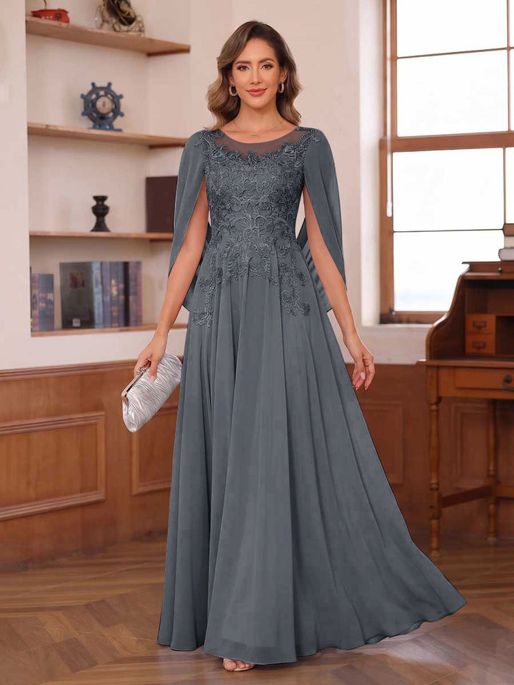 A-Line/Princess Illusion Scoop Chiffon Mother of the Bride Dresses with Appliques &amp; Cape