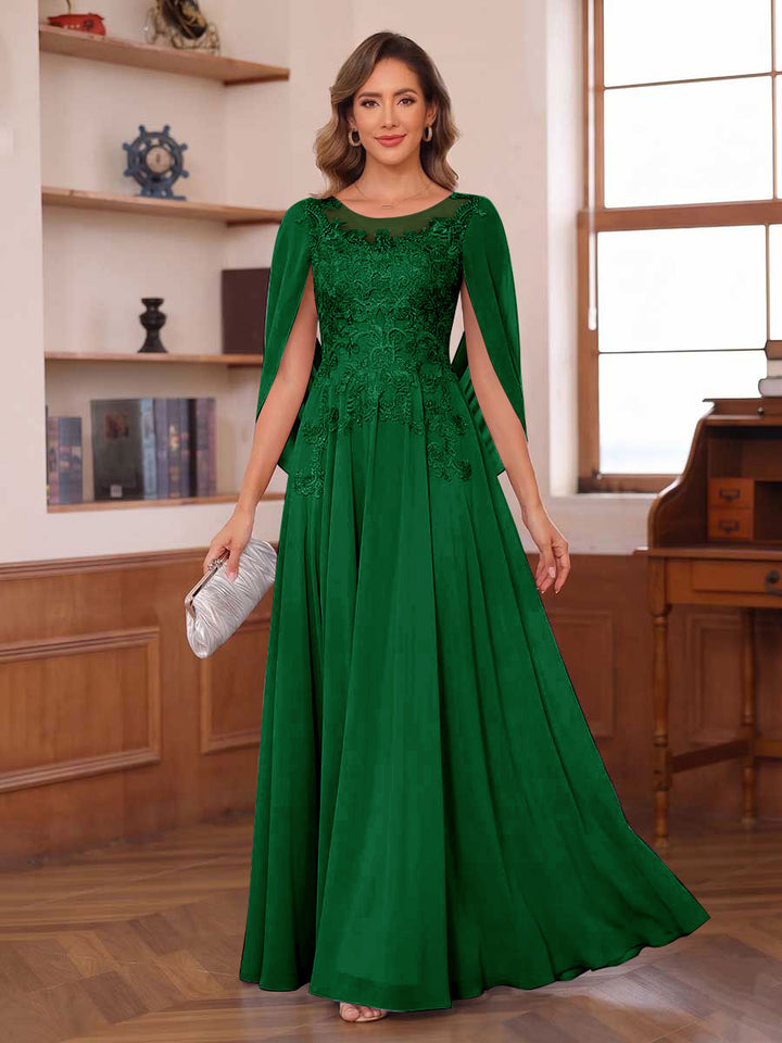 A-Line/Princess Illusion Scoop Chiffon Mother of the Bride Dresses with Appliques &amp; Cape