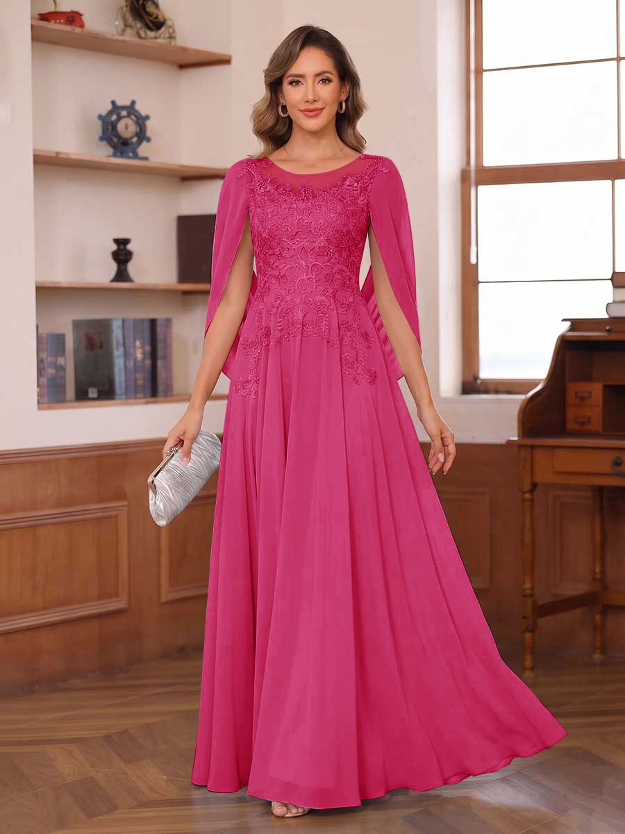 A-Line/Princess Illusion Scoop Chiffon Mother of the Bride Dresses with Appliques &amp; Cape
