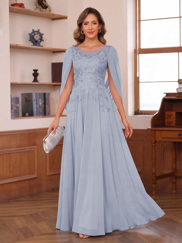 A-Line/Princess Illusion Scoop Chiffon Mother of the Bride Dresses with Appliques &amp; Cape