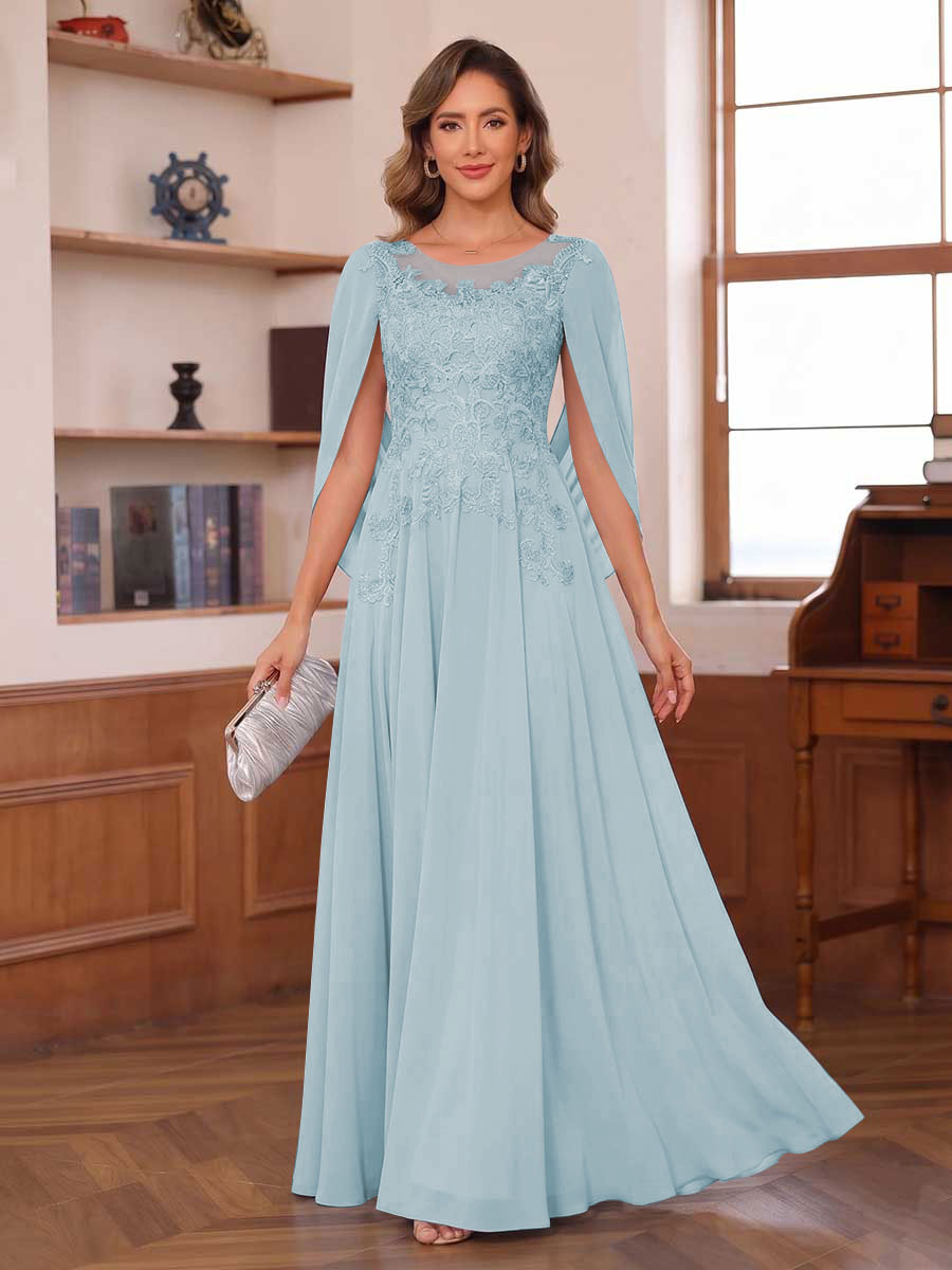 A-Line/Princess Illusion Scoop Chiffon Mother of the Bride Dresses with Appliques &amp; Cape