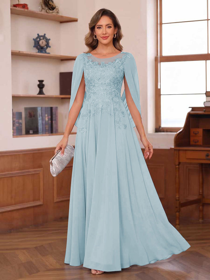 A-Line/Princess Illusion Scoop Chiffon Mother of the Bride Dresses with Appliques &amp; Cape