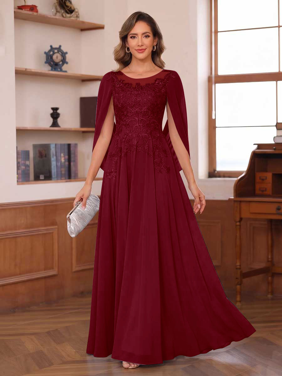 A-Line/Princess Illusion Scoop Chiffon Mother of the Bride Dresses with Appliques &amp; Cape