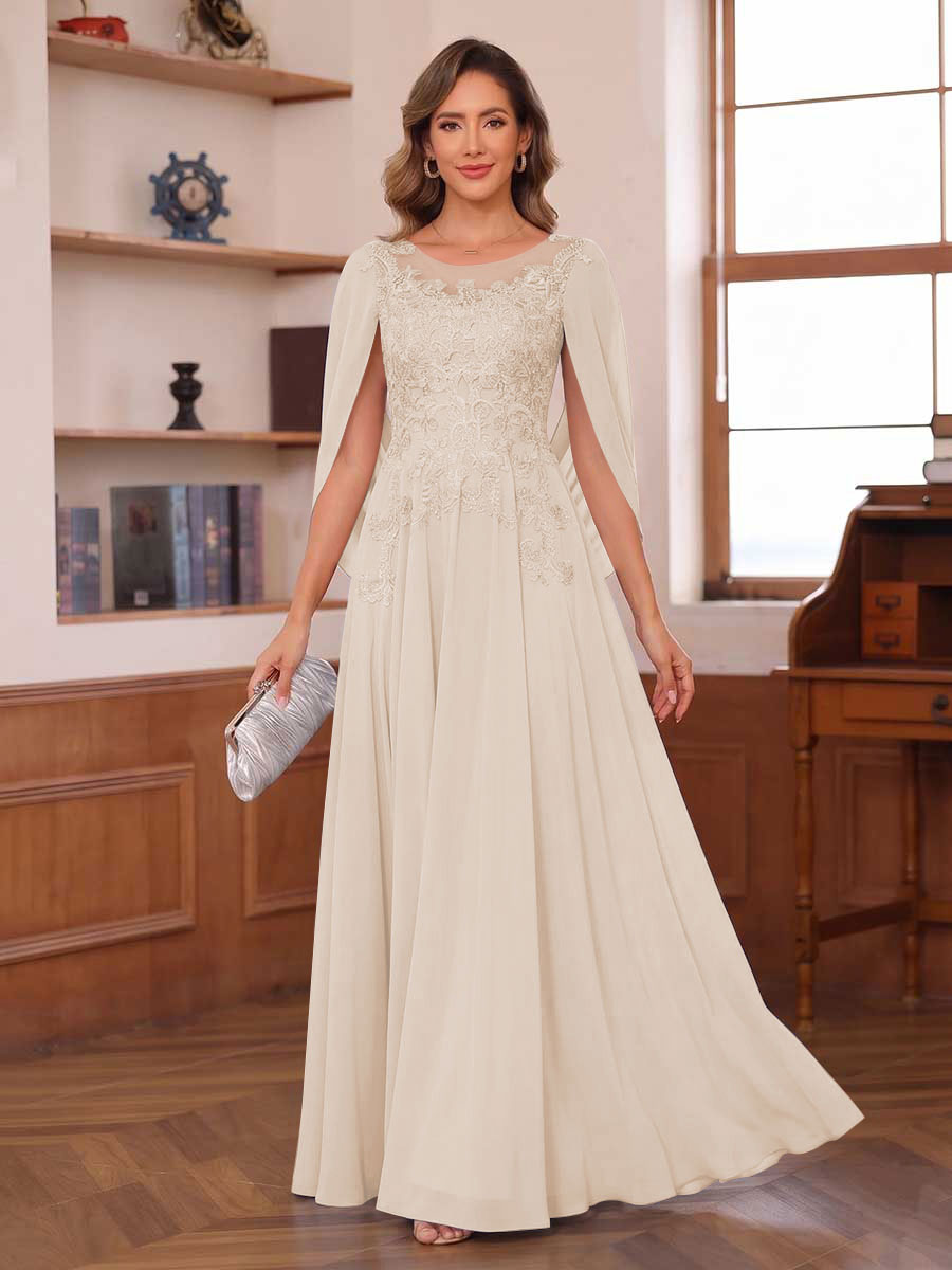 A-Line/Princess Illusion Scoop Chiffon Mother of the Bride Dresses with Appliques &amp; Cape