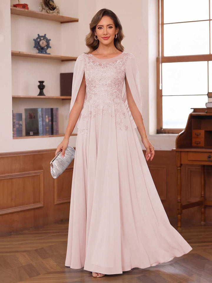 A-Line/Princess Illusion Scoop Chiffon Mother of the Bride Dresses with Appliques &amp; Cape