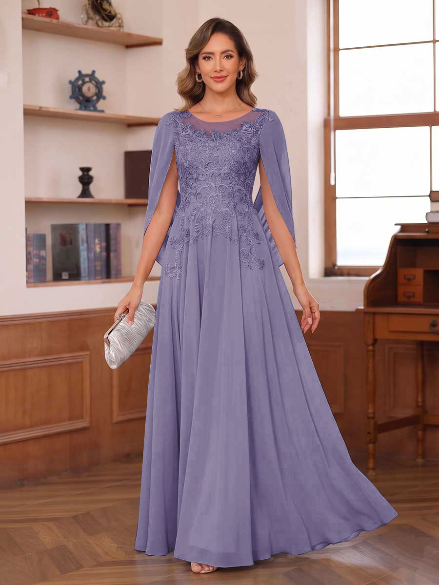 A-Line/Princess Illusion Scoop Chiffon Mother of the Bride Dresses with Appliques &amp; Cape