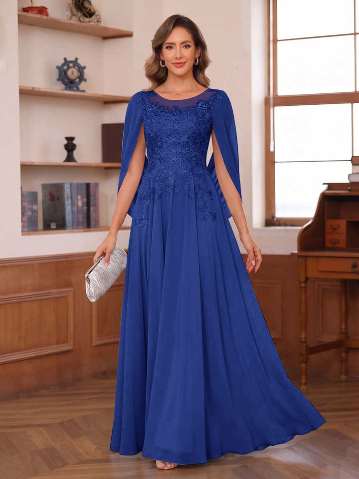 A-Line/Princess Illusion Scoop Chiffon Mother of the Bride Dresses with Appliques &amp; Cape
