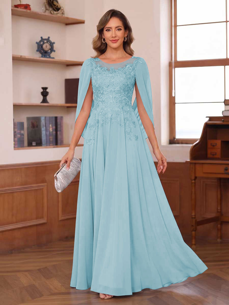 A-Line/Princess Illusion Scoop Chiffon Mother of the Bride Dresses with Appliques &amp; Cape