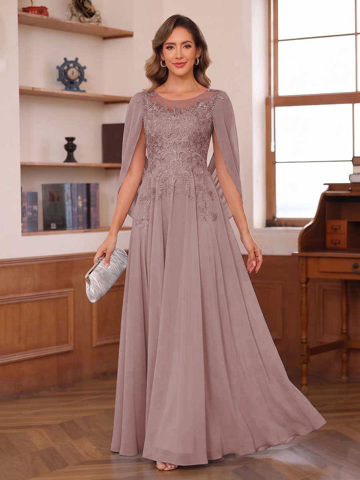 A-Line/Princess Illusion Scoop Chiffon Mother of the Bride Dresses with Appliques &amp; Cape