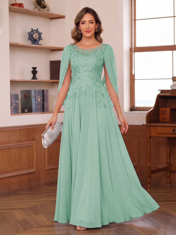 A-Line/Princess Illusion Scoop Chiffon Mother of the Bride Dresses with Appliques &amp; Cape