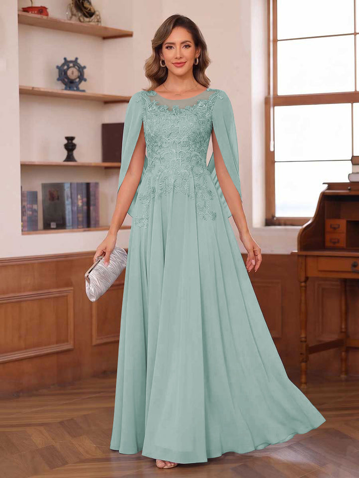 A-Line/Princess Illusion Scoop Chiffon Mother of the Bride Dresses with Appliques &amp; Cape