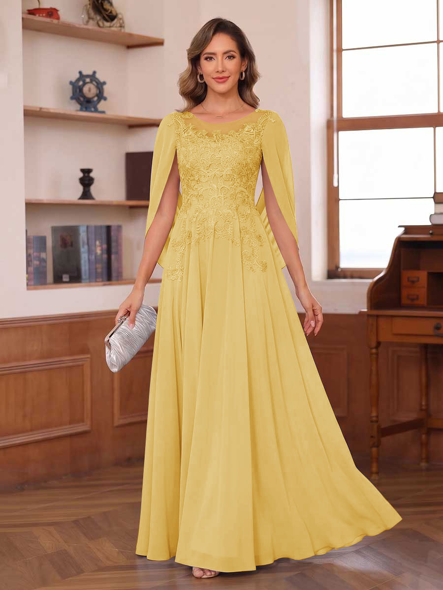A-Line/Princess Illusion Scoop Chiffon Mother of the Bride Dresses with Appliques &amp; Cape