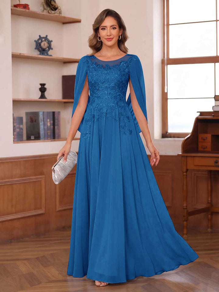 A-Line/Princess Illusion Scoop Chiffon Mother of the Bride Dresses with Appliques &amp; Cape