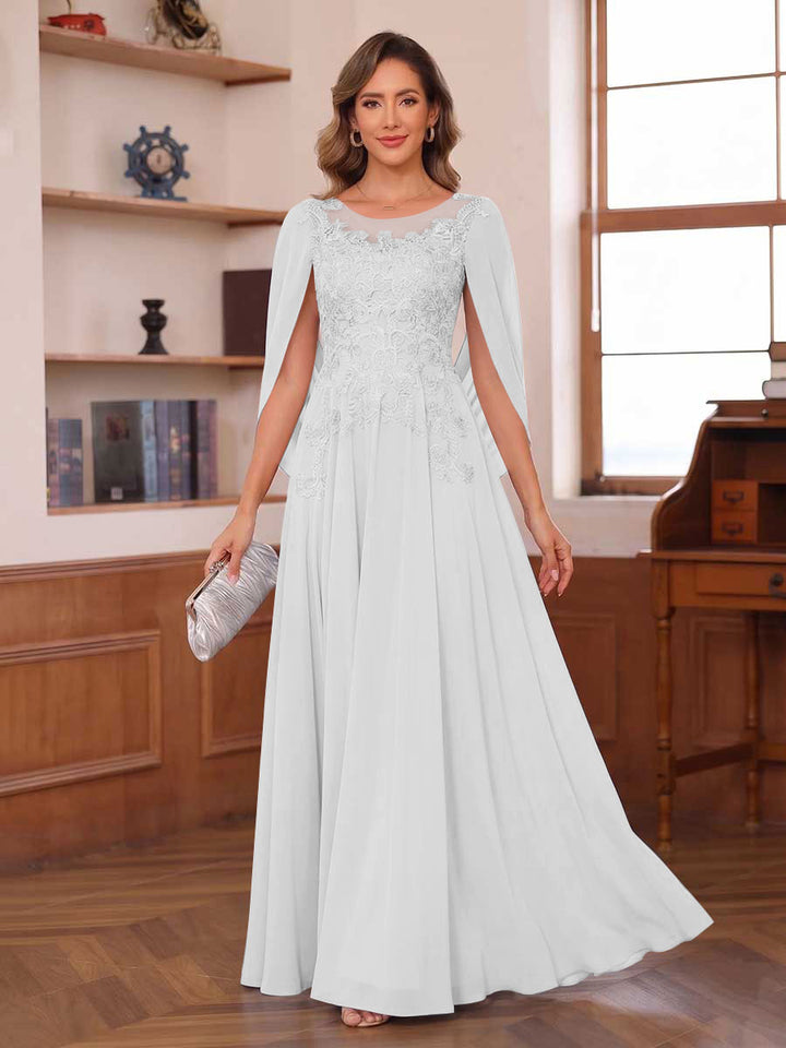 A-Line/Princess Illusion Scoop Chiffon Mother of the Bride Dresses with Appliques &amp; Cape