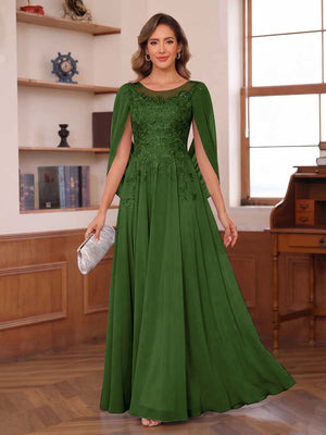 A-Line/Princess Illusion Scoop Chiffon Mother of the Bride Dresses with Appliques & Cape