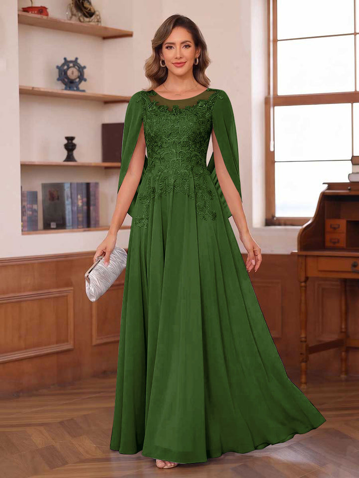A-Line/Princess Illusion Scoop Chiffon Mother of the Bride Dresses with Appliques &amp; Cape