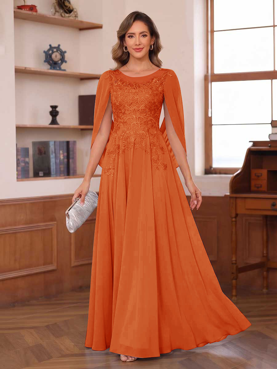 A-Line/Princess Illusion Scoop Chiffon Mother of the Bride Dresses with Appliques &amp; Cape