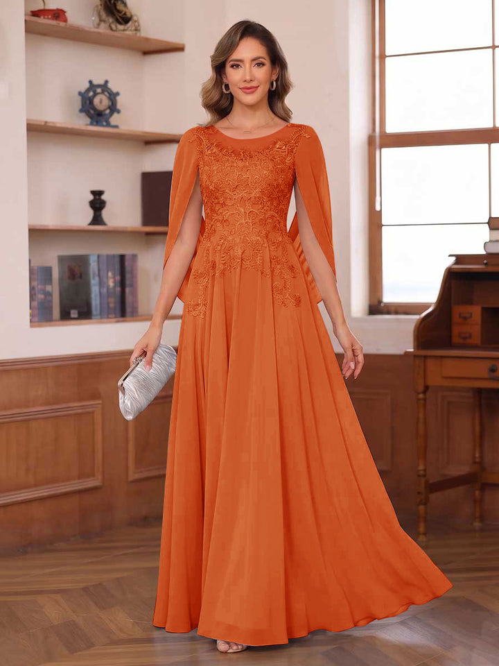 A-Line/Princess Illusion Scoop Chiffon Mother of the Bride Dresses with Appliques &amp; Cape