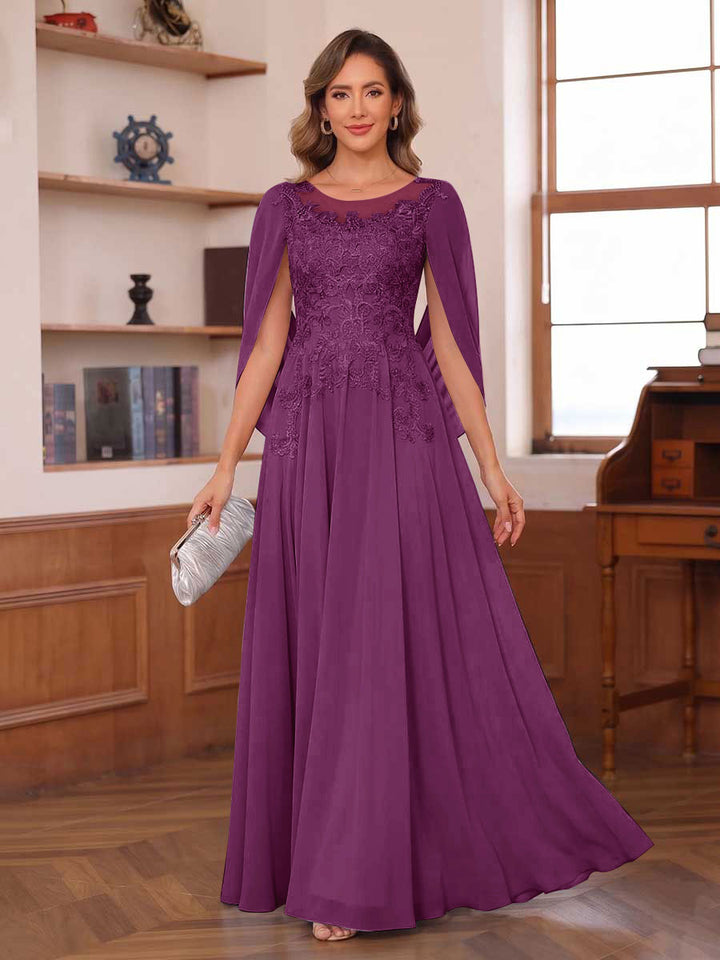 A-Line/Princess Illusion Scoop Chiffon Mother of the Bride Dresses with Appliques &amp; Cape