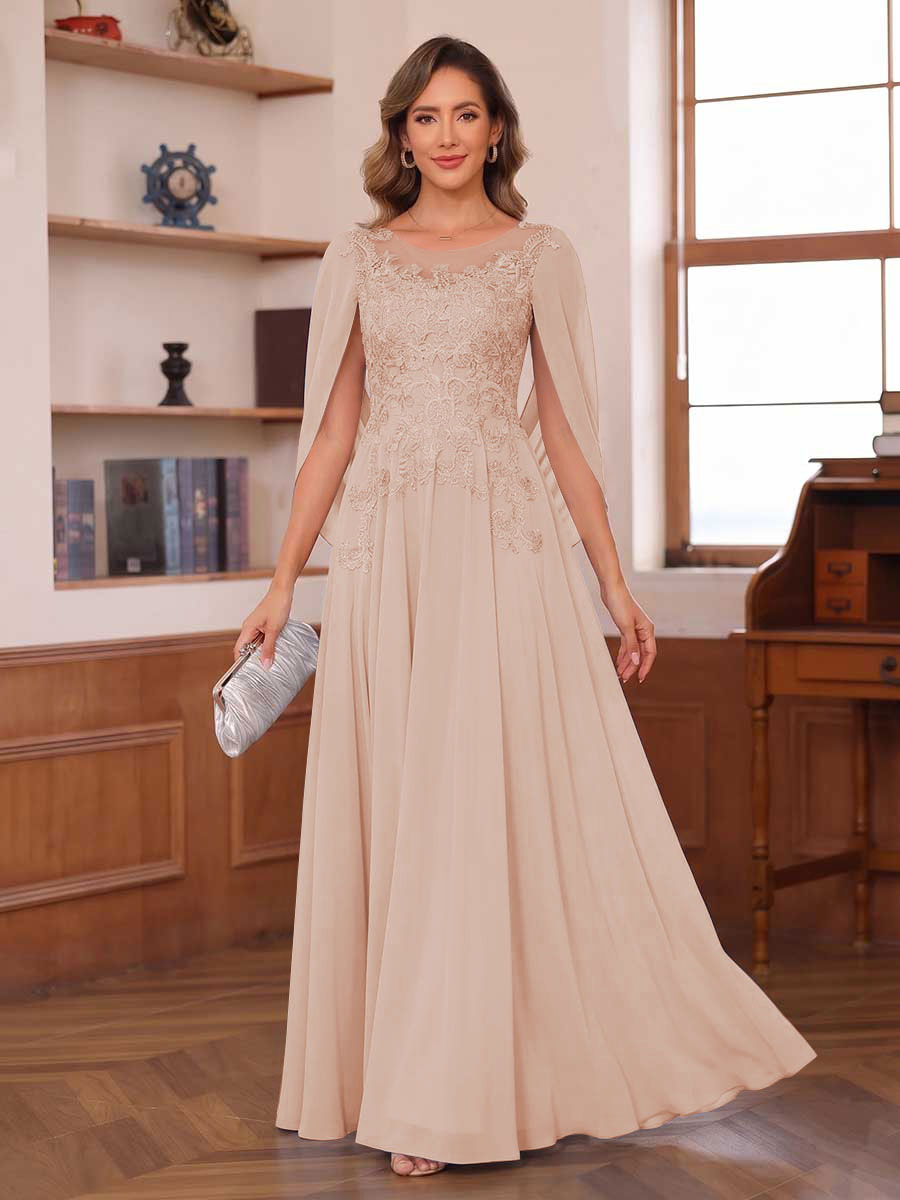 A-Line/Princess Illusion Scoop Chiffon Mother of the Bride Dresses with Appliques &amp; Cape