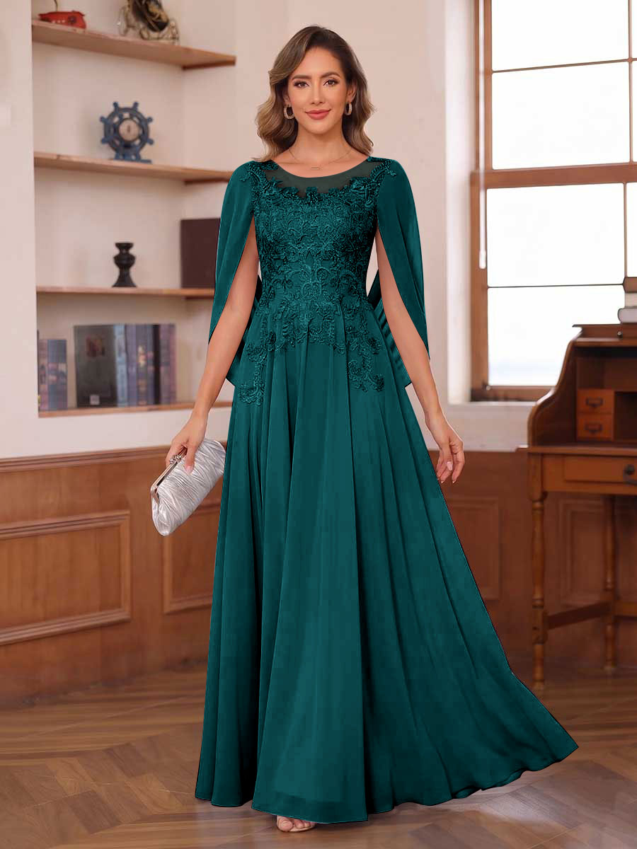 A-Line/Princess Illusion Scoop Chiffon Mother of the Bride Dresses with Appliques &amp; Cape
