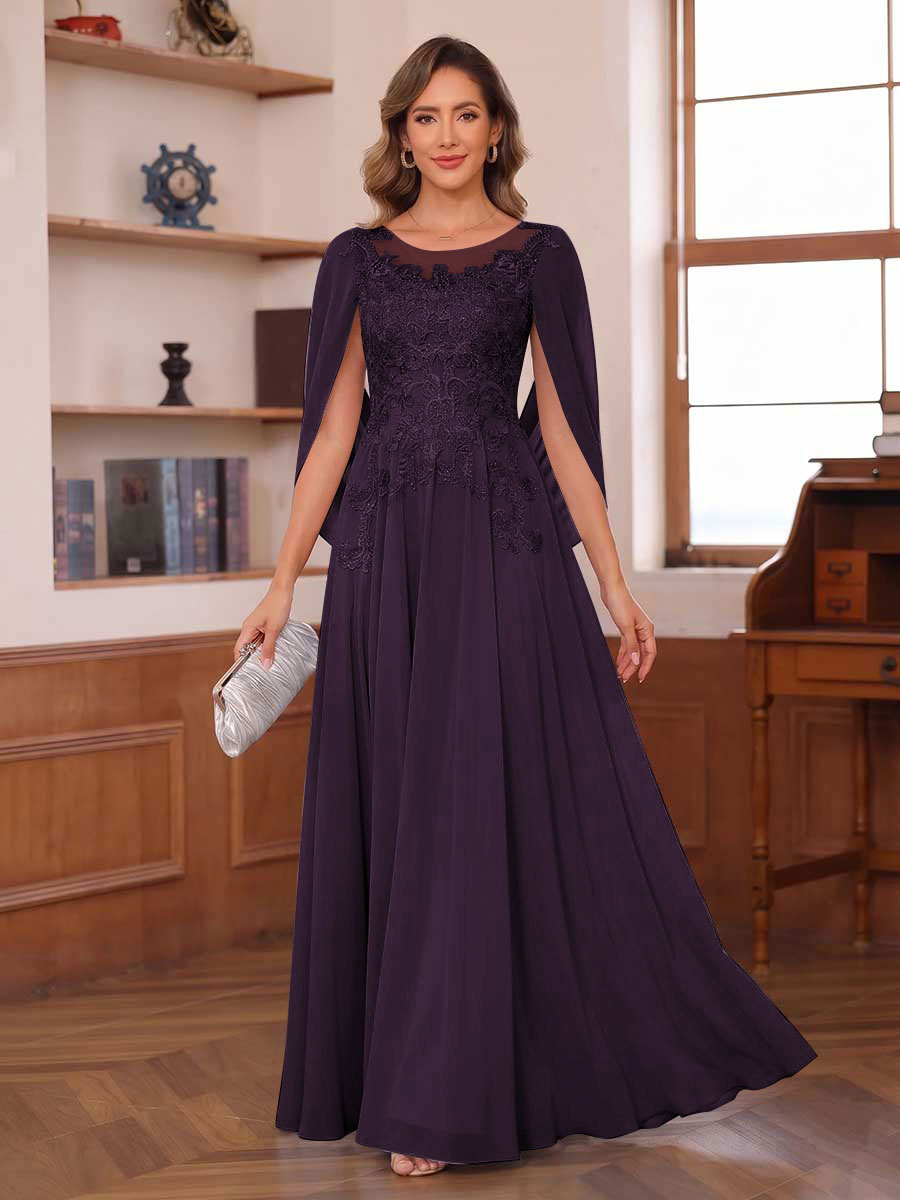 A-Line/Princess Illusion Scoop Chiffon Mother of the Bride Dresses with Appliques &amp; Cape