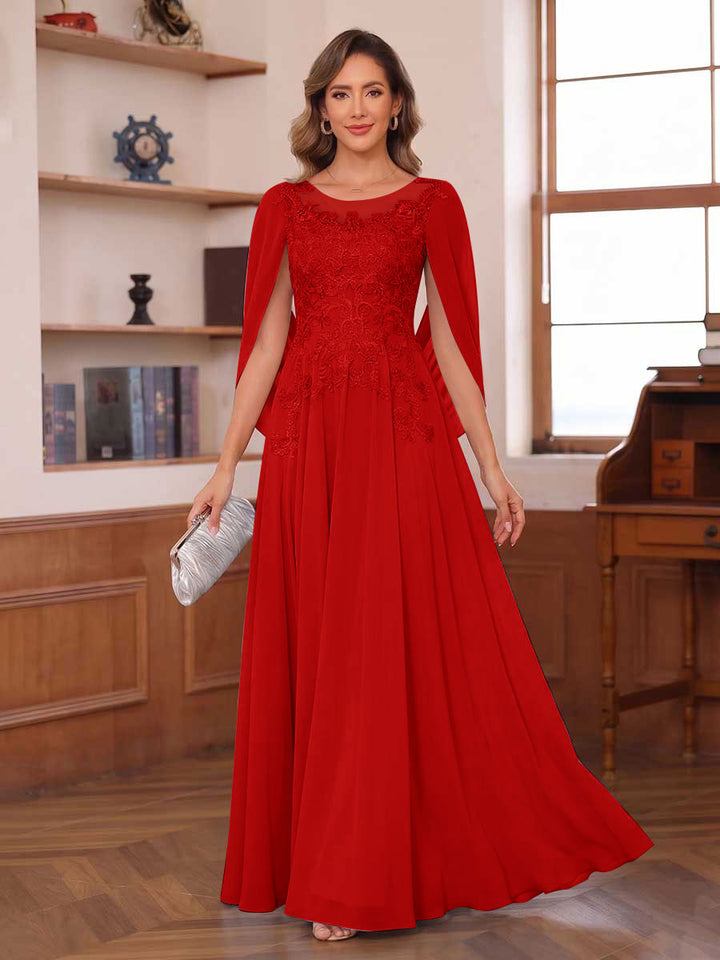 A-Line/Princess Illusion Scoop Chiffon Mother of the Bride Dresses with Appliques &amp; Cape