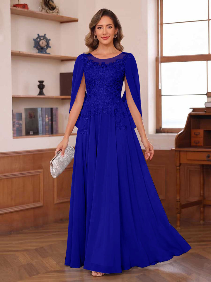 A-Line/Princess Illusion Scoop Chiffon Mother of the Bride Dresses with Appliques &amp; Cape