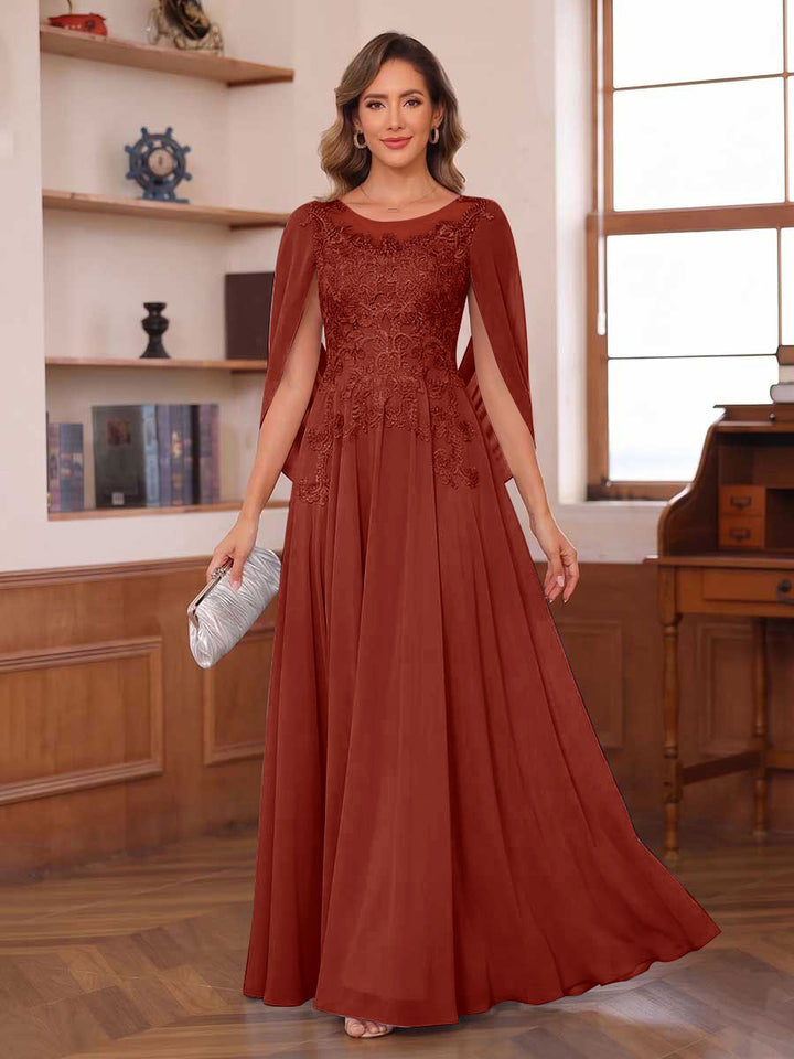 A-Line/Princess Illusion Scoop Chiffon Mother of the Bride Dresses with Appliques &amp; Cape