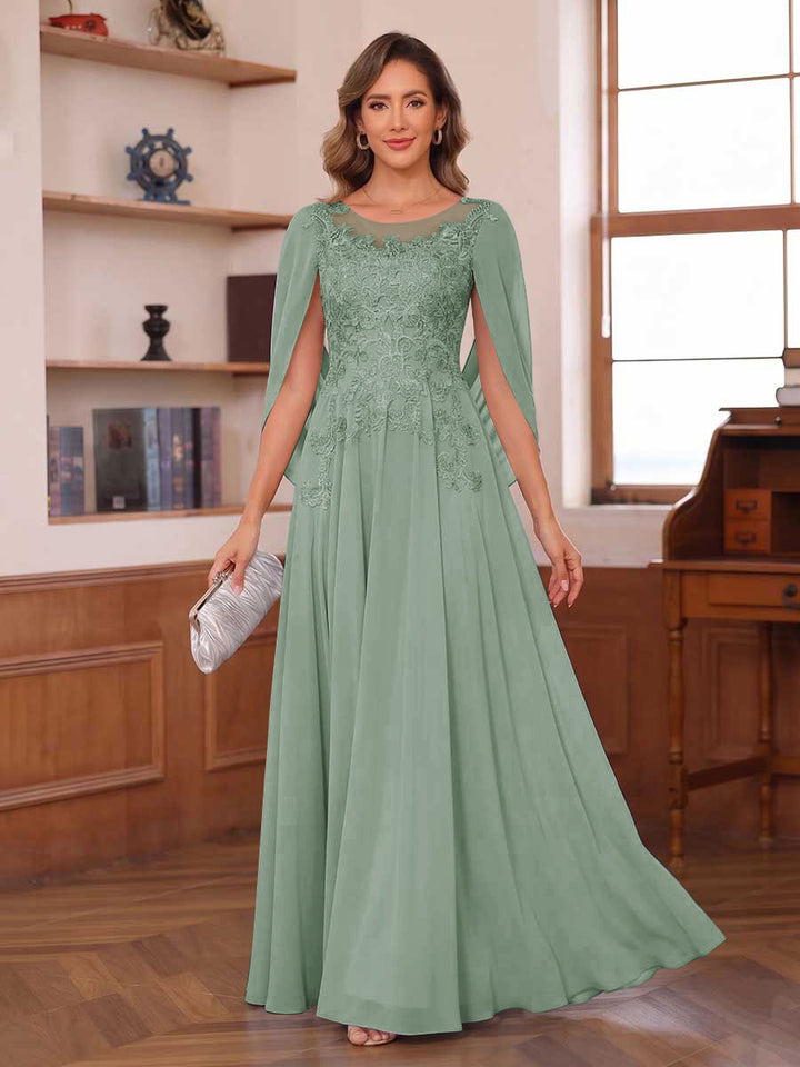A-Line/Princess Illusion Scoop Chiffon Mother of the Bride Dresses with Appliques &amp; Cape