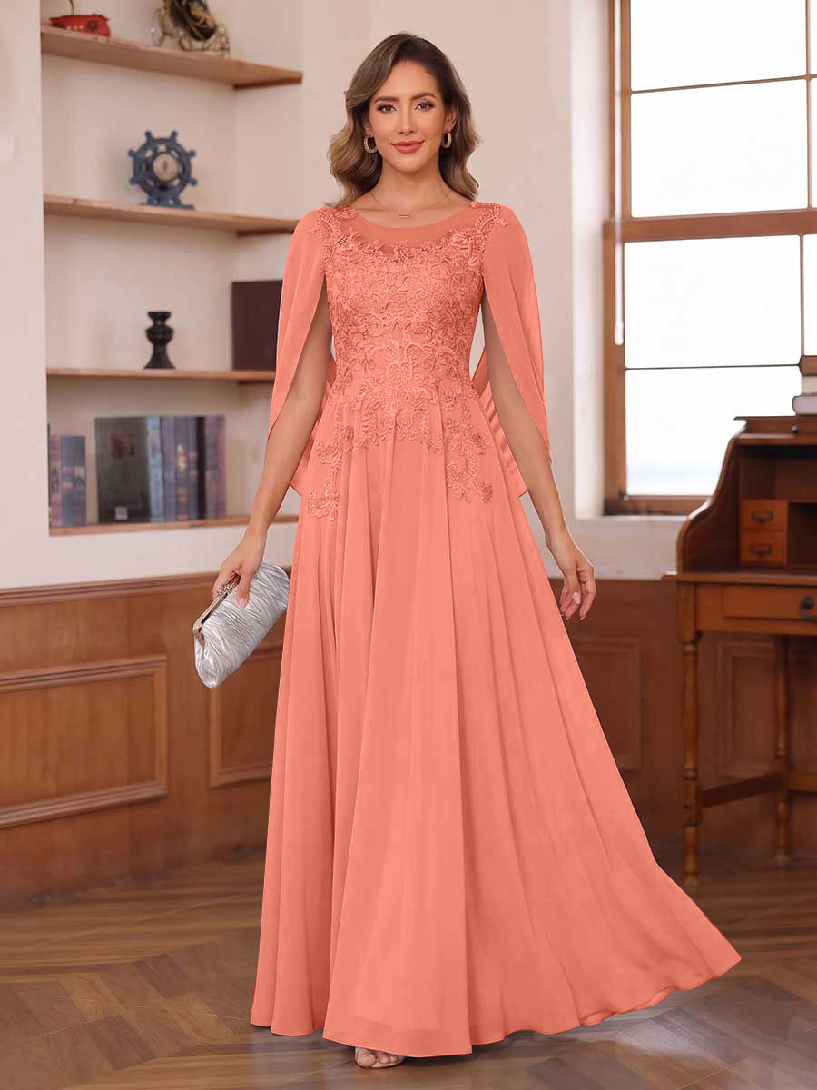 A-Line/Princess Illusion Scoop Chiffon Mother of the Bride Dresses with Appliques &amp; Cape