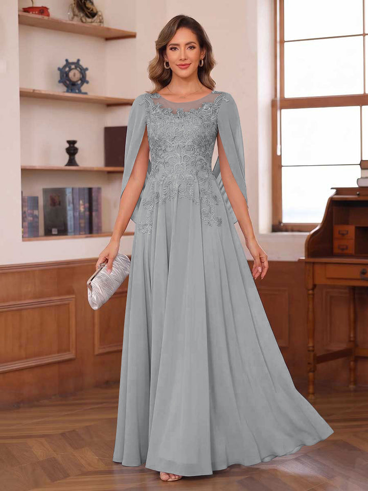 A-Line/Princess Illusion Scoop Chiffon Mother of the Bride Dresses with Appliques &amp; Cape