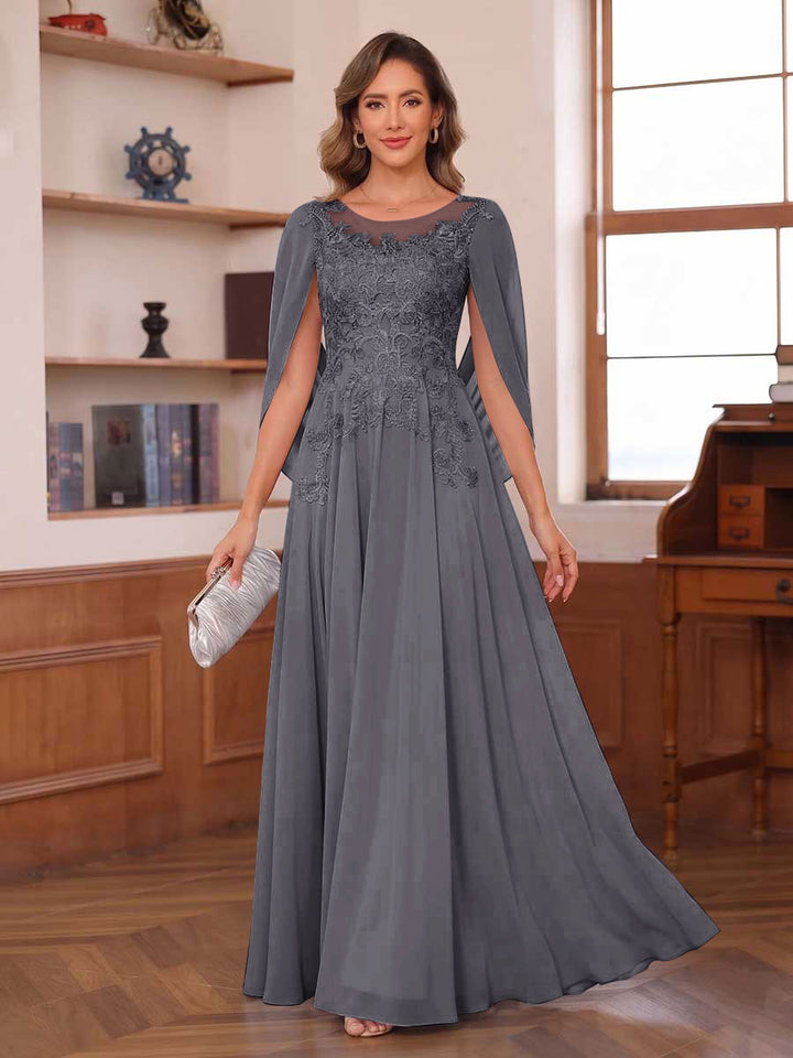 A-Line/Princess Illusion Scoop Chiffon Mother of the Bride Dresses with Appliques &amp; Cape