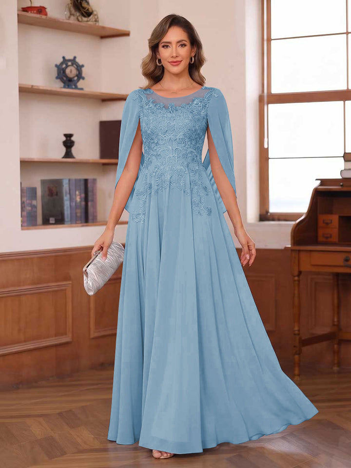 A-Line/Princess Illusion Scoop Chiffon Mother of the Bride Dresses with Appliques &amp; Cape