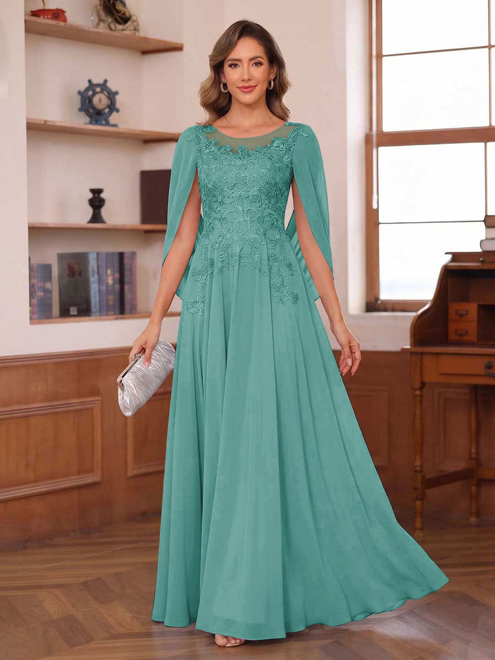 A-Line/Princess Illusion Scoop Chiffon Mother of the Bride Dresses with Appliques &amp; Cape