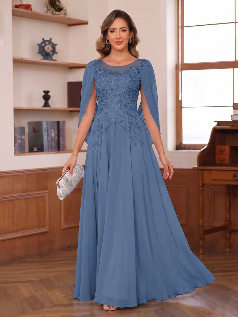A-Line/Princess Illusion Scoop Chiffon Mother of the Bride Dresses with Appliques &amp; Cape